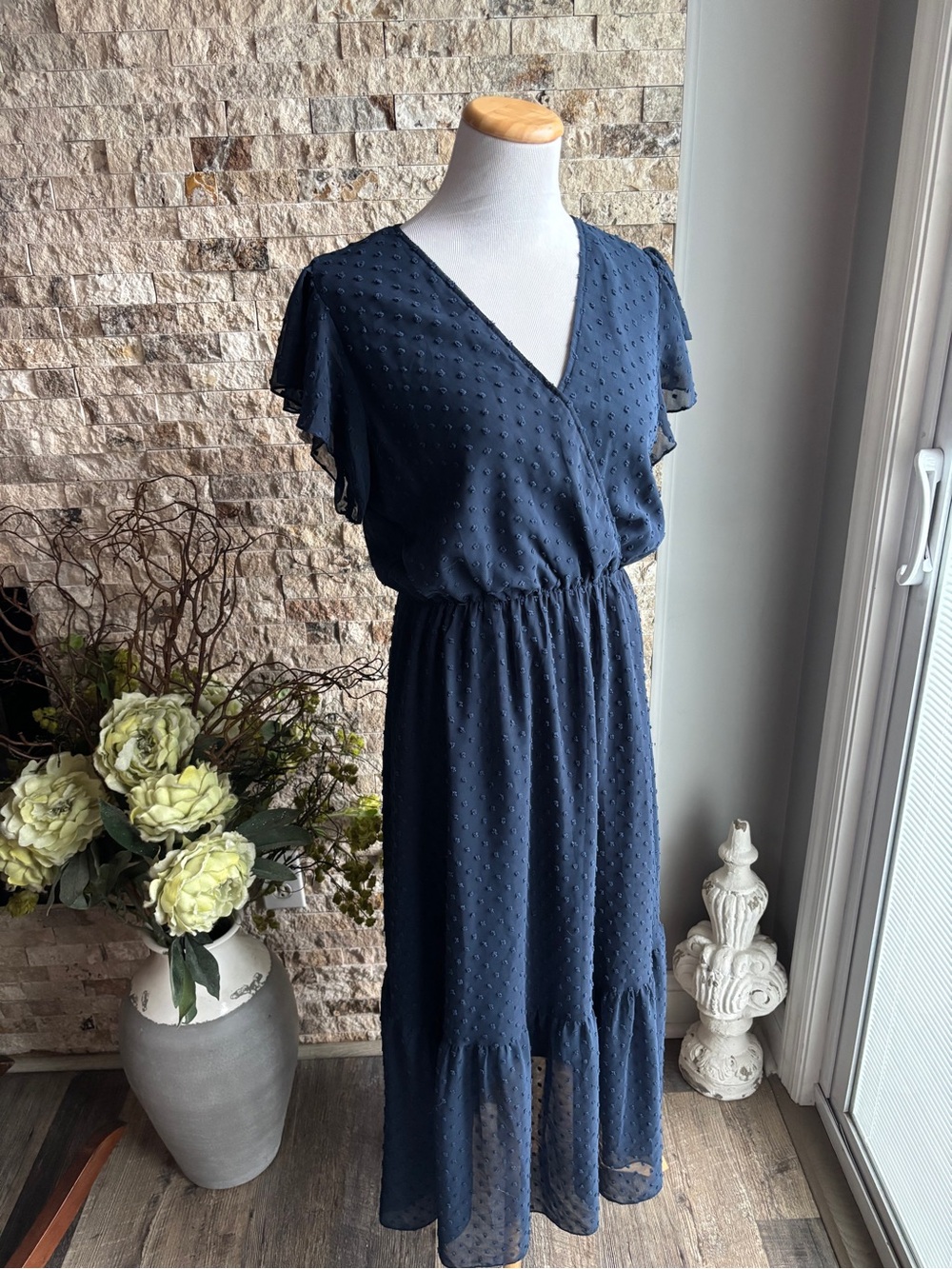 Textured Navy Midi Dress with V-Neck and Flutter Sleeves